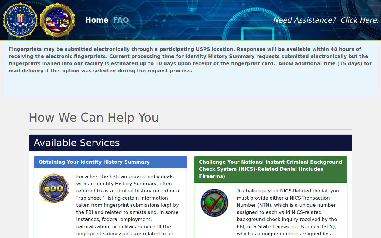 FBI portal for ordering an Identity History Summary