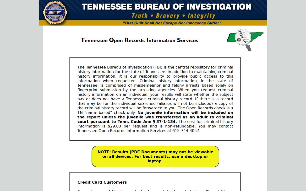 TBI TORIS name search interface for a Tennessee criminal history request